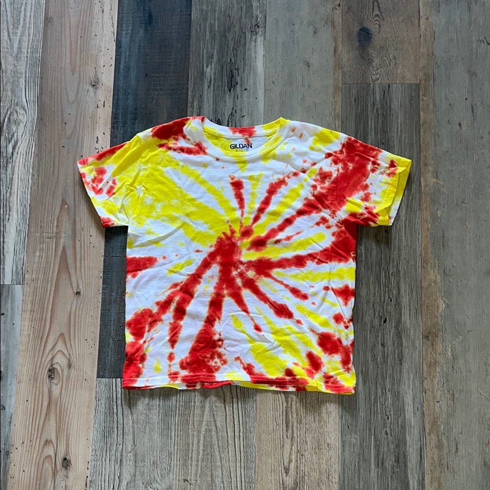 Red & Yellow Handmade Tie-Dye Gildan Kids T-Shirt Size: Youth Small (S)